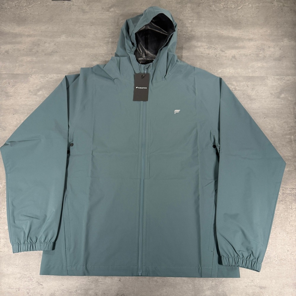 Fabletics Waterproof Rain Jacket S Full Zip Hooded Blue Gray Storm Slate $135